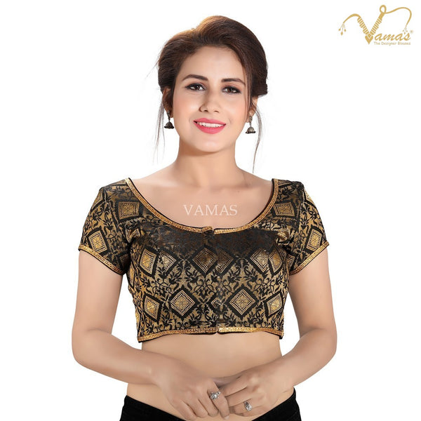 Vamas Women's Brocade Padded Front Open Short Sleeves Saree Blouse ( X-892SL )