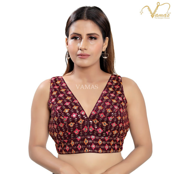 Vamas Women's Brocade Padded Back Open Sleeveless Saree Blouse ( X-995.NS )